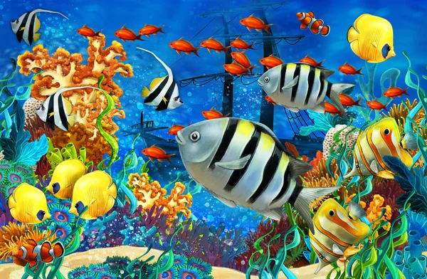 Renkli ve parlak mercan resiflerinde yüzen çizgi film hayvanları - çocuklar için bir örnektir. — Stok fotoğraf