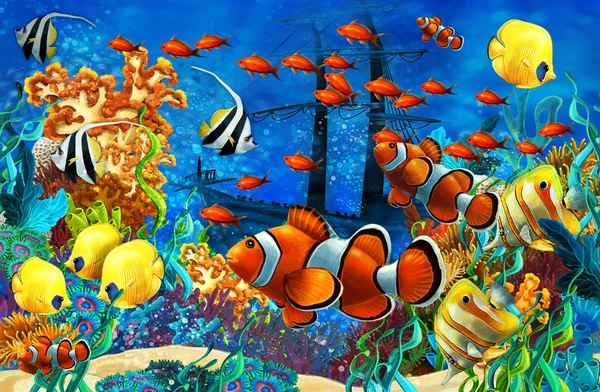 Tecknad scen djur simmar på färgglada och ljusa korallrev - illustration för barn — Stockfoto