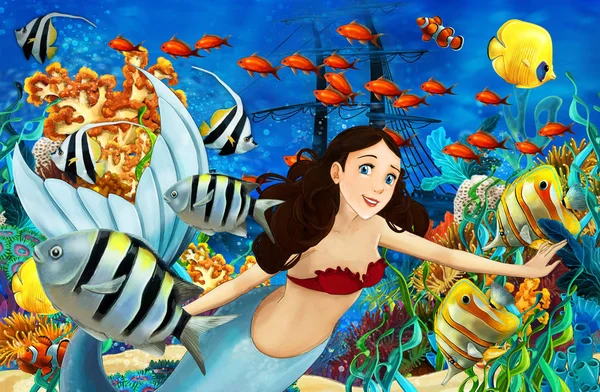 Oceano dei cartoni animati e la sirena nel regno sottomarino nuotare con i pesci - illustrazione per bambini — Foto Stock