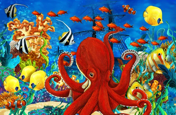 Animales de la escena de dibujos animados nadando en el colorido y brillante arrecife de coral - ilustración para niños —  Fotos de Stock