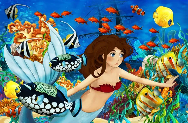 Cartoon ocean and the mermaid in underwater kingdom swimming with fishes - illustration for children — Stock Photo, Image