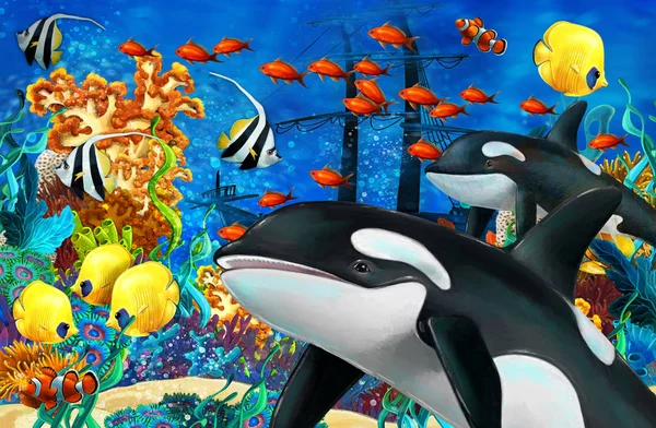 다채롭고 밝은 산호초 위에서 헤엄치고 있는 만화 영화 동물 - 어린이를 위한 삽화 — 스톡 사진