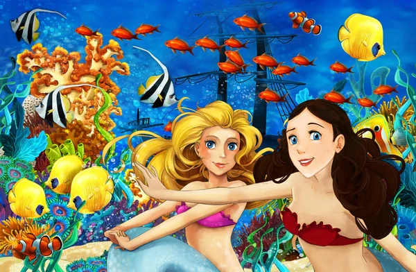 Cartoon ocean and the mermaid in underwater kingdom swimming with fishes - illustration for children — Stock Photo, Image