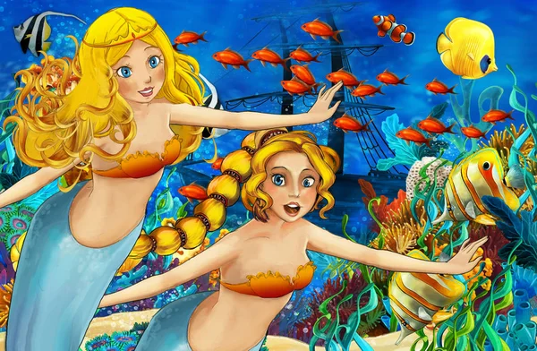 Мультяшний океан і русалка під водою Королівство плаває з рибами - ілюстрація для дітей — стокове фото