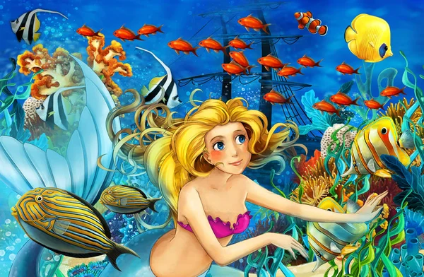 Карикатурный океан и русалка в подводном царстве, купающиеся с рыбами - иллюстрация для детей — стоковое фото