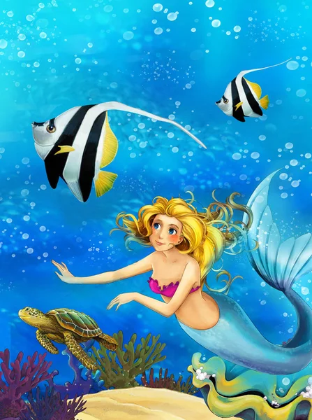 Dessin animé océan et la sirène dans le royaume sous-marin nager avec des poissons - illustration pour les enfants — Photo