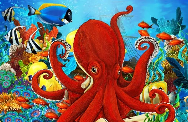 Animales de la escena de dibujos animados nadando en el colorido y brillante arrecife de coral - ilustración para niños — Foto de Stock