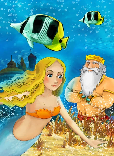 Cartoon ocean and the mermaid in underwater kingdom swimming with fishes - illustration for children — Stock Photo, Image