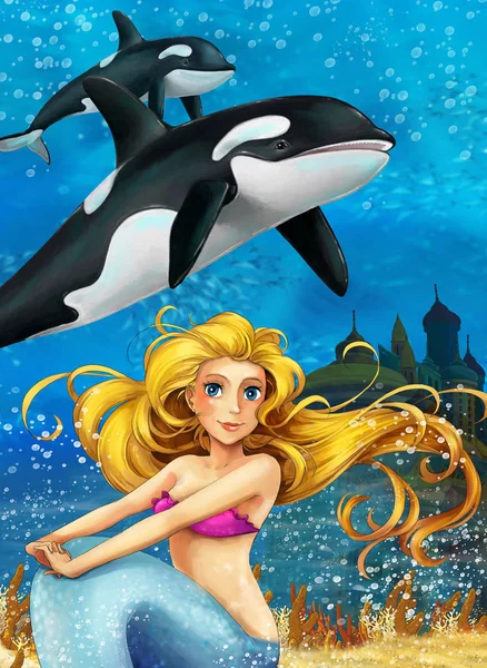 El océano de dibujos animados y la sirena en el reino submarino nadando con peces - ilustración para niños — Foto de Stock