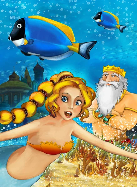 Cartoon ocean and the mermaid in underwater kingdom swimming with fishes - illustration for children