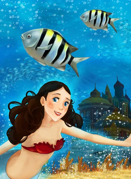 Cartoon ocean and the mermaid in underwater kingdom swimming with fishes - illustration for children — Stock Photo, Image