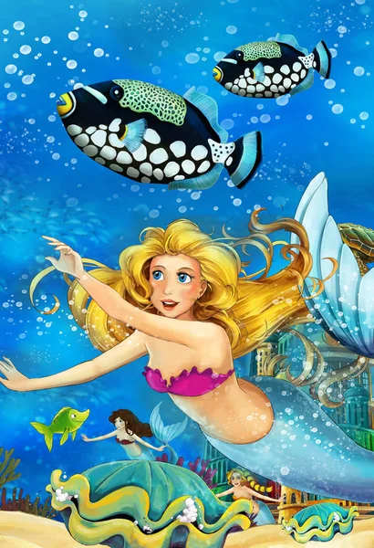 Çizgi film okyanus ve deniz kızı su altı Krallık çocuklar için çizim balıklarla - Yüzme — Stok fotoğraf