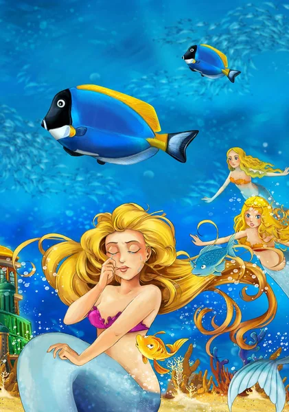 El océano de dibujos animados y la sirena en el reino submarino nadando con peces - ilustración para niños —  Fotos de Stock