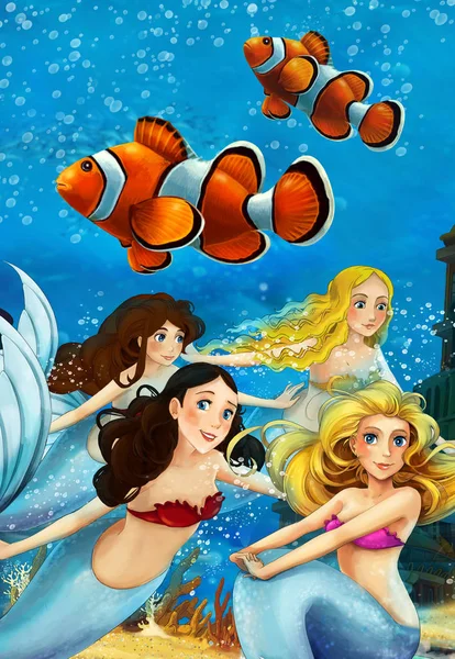 El océano de dibujos animados y la sirena en el reino submarino nadando con peces - ilustración para niños —  Fotos de Stock