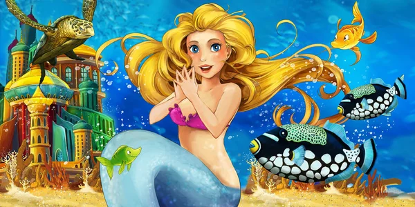 Cartoon ocean and the mermaid in underwater kingdom swimming with fishes - illustration for children — Stock Photo, Image