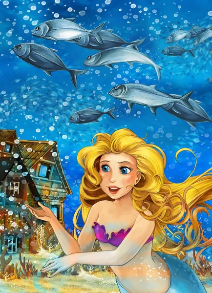 Dessin animé océan et la sirène dans le royaume sous-marin nager avec des poissons - illustration pour les enfants — Photo