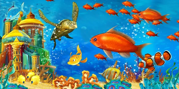 Cartoon scene animals swimming on colorful and bright coral reef - illustration for children — Stock Photo, Image