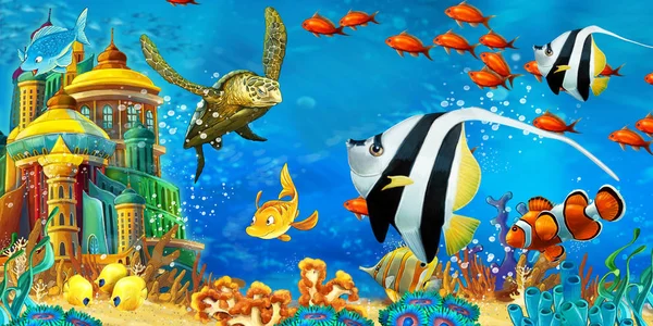 Мультяшна сцена тварин, які плавають на барвистому і яскравому кораловому рифі ілюстрація для дітей — стокове фото