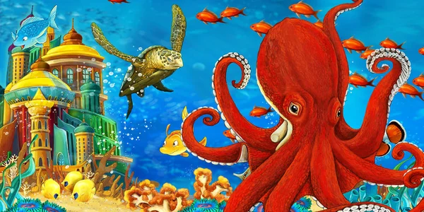 다채롭고 밝은 산호초 위에서 헤엄치고 있는 만화 영화 동물 - 어린이를 위한 삽화 — 스톡 사진