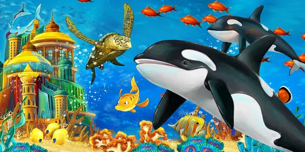 在五彩斑斓的珊瑚礁上游泳的卡通场景动物.儿童图解 — 图库照片