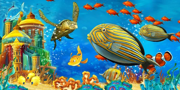 在五彩斑斓的珊瑚礁上游泳的卡通场景动物.儿童图解 — 图库照片
