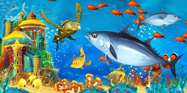 Animali della scena dei cartoni animati nuotare sulla barriera corallina colorata e luminosa - illustrazione per bambini — Foto Stock