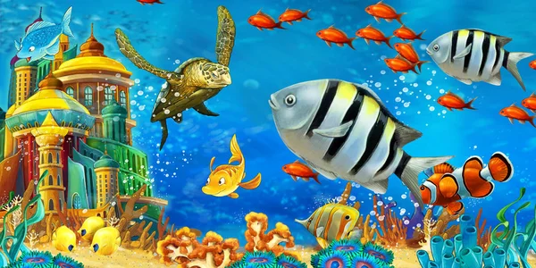 カラフルで明るいサンゴ礁で泳ぐ漫画シーンの動物-子供のためのイラスト — ストック写真