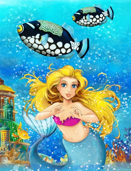 Cartoon ocean and the mermaid in underwater kingdom swimming with fishes - illustration for children — Stock Photo, Image