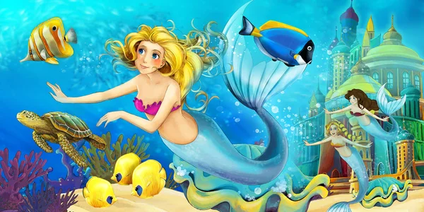 El océano de dibujos animados y la sirena en el reino submarino nadando con peces - ilustración para niños —  Fotos de Stock