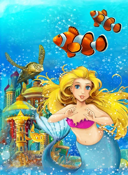 El océano de dibujos animados y la sirena en el reino submarino nadando con peces - ilustración para niños —  Fotos de Stock