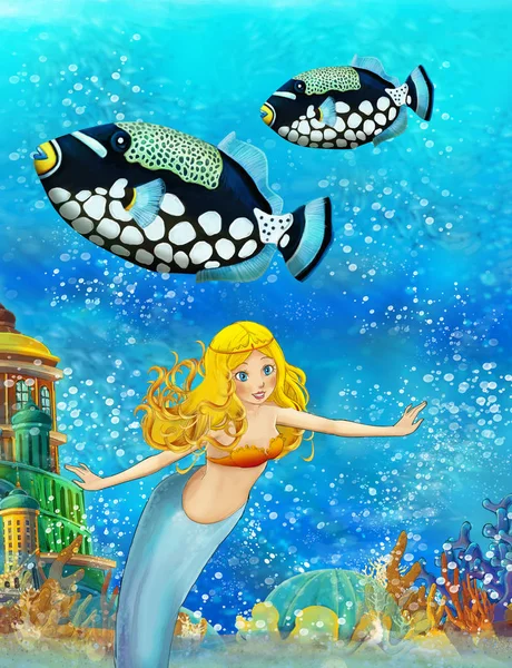 El océano de dibujos animados y la sirena en el reino submarino nadando con peces - ilustración para niños —  Fotos de Stock