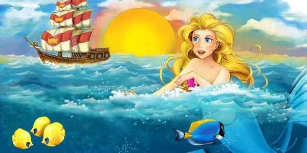 Cartoon ocean and the mermaid in underwater kingdom swimming with fishes - illustration for children — Stock Photo, Image