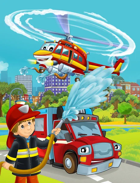 Escena de dibujos animados con coche de bomberos en la carretera y bombero trabajador - ilustración para los niños —  Fotos de Stock