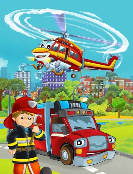 Cartoon scene met brandweer auto voertuig op de weg en brandweerman werknemer - illustratie voor kinderen — Stockfoto