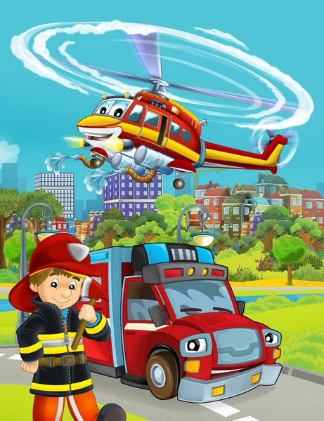 Escena de dibujos animados con coche de bomberos en la carretera y bombero trabajador - ilustración para los niños —  Fotos de Stock