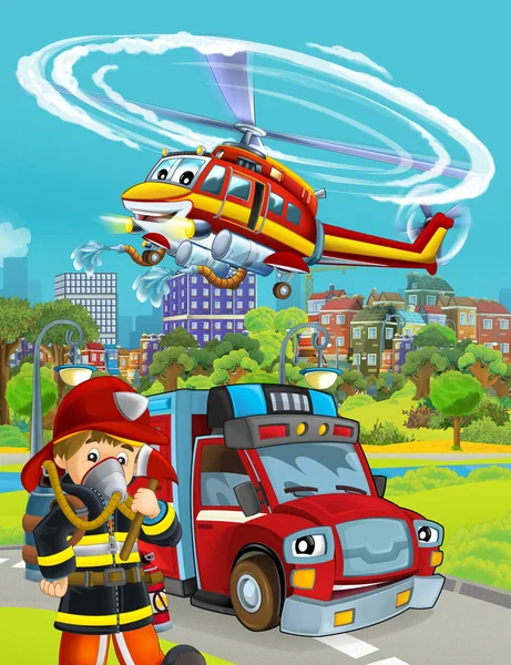 Cartoon-Szene mit Feuerwehrauto unterwegs und Feuerwehrmann - Illustration für Kinder — Stockfoto