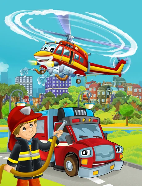 Tecknad scen med brandkår bil fordon på vägen och brandman arbetare - illustration för barn — Stockfoto