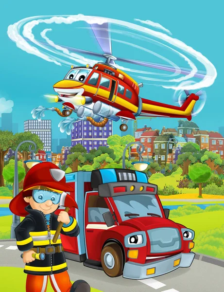 Cartoon-Szene mit Feuerwehrauto unterwegs und Feuerwehrmann - Illustration für Kinder — Stockfoto