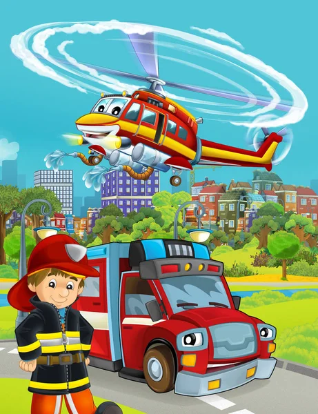 Escena de dibujos animados con coche de bomberos en la carretera y bombero trabajador - ilustración para los niños —  Fotos de Stock