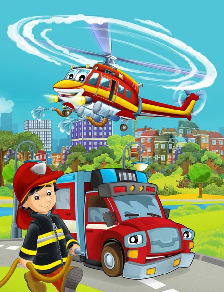 Escena de dibujos animados con coche de bomberos en la carretera y bombero trabajador - ilustración para los niños —  Fotos de Stock