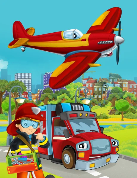 Cartoon scene with fire brigade car vehicle on the road and fireman worker - illustration for children — Stock Photo, Image