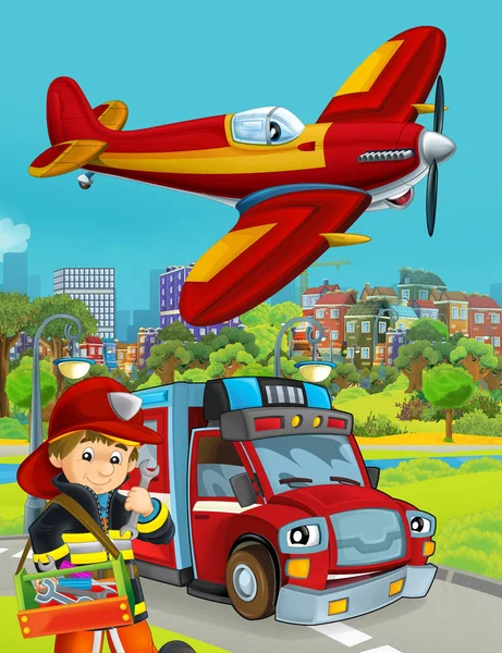Scena kreskówek z wozem strażackim na drodze i strażakiem - ilustracja dla dzieci — Zdjęcie stockowe