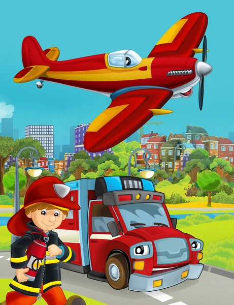 Мультяшна сцена з автомобілем пожежної бригади на дорозі та пожежником - ілюстрація для дітей — стокове фото