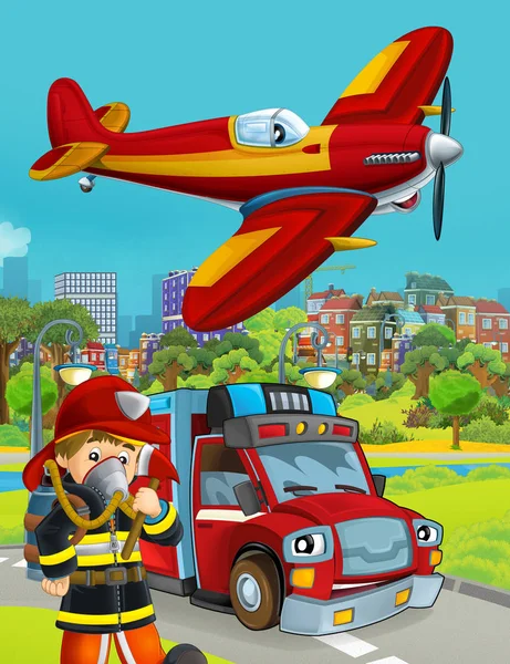 Cartoon-Szene mit Feuerwehrauto unterwegs und Feuerwehrmann - Illustration für Kinder — Stockfoto