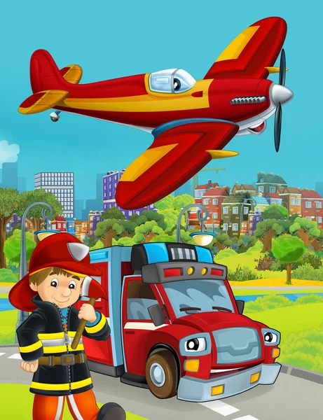 Cartoon scene with fire brigade car vehicle on the road and fireman worker - illustration for children — Stock Photo, Image