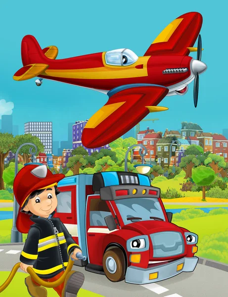 Cartoon-Szene mit Feuerwehrauto unterwegs und Feuerwehrmann - Illustration für Kinder — Stockfoto