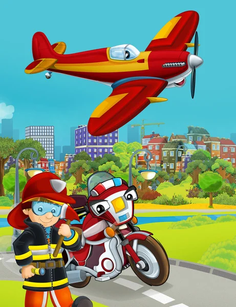 消防車が道路や消防士の労働者と漫画シーン-子供のためのイラスト — ストック写真