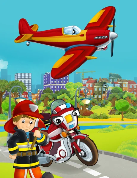 Cartoon scene met brandweer auto voertuig op de weg en brandweerman werknemer - illustratie voor kinderen — Stockfoto