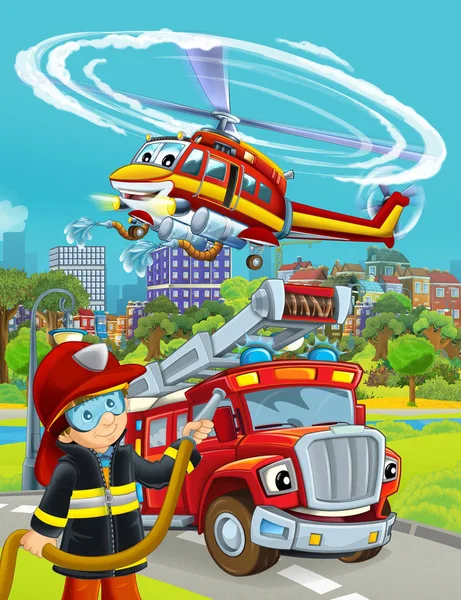 Cena dos desenhos animados com carro de bombeiros na estrada e bombeiro trabalhador - ilustração para crianças — Fotografia de Stock