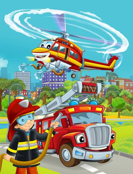 Cartoon scene with fire brigade car vehicle on the road and fireman worker - illustration for children — Stock Photo, Image